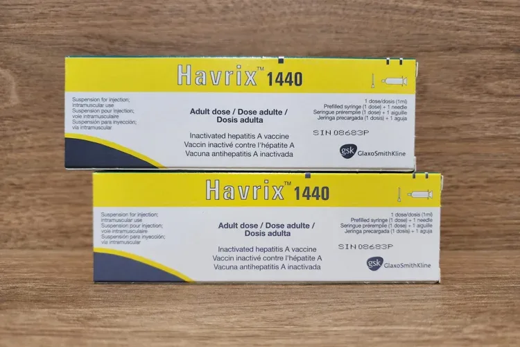 放在木桌上的两盒 Havrix 1440 甲型肝炎疫苗